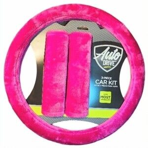 Car Accessories Kit 3 Pc Hot Pink Plush Wheel Cover And Seat Belt Cover NEW